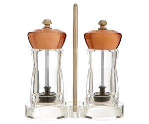 Orsina Gold & Clear Salt & Pepper Mill Set On Stand, Acrylic Grinders With Gold Finish & Ceramic Mechanisms in Copper Orsina Copper