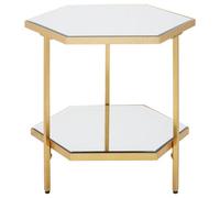 Orsina Gold Finish 2 Tier Side Table, Spacious Hexagonal Table With Mirrored Glass Tiers, Functional Nesting Table