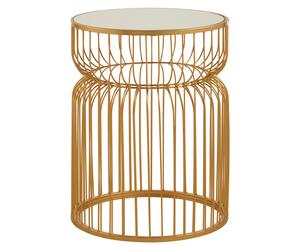 Orsina Gold Metal Wireframe Round Side Table, Bedside Table With Mirror Top, Metallic Finish Accent Table, Round Table Orsina Gold