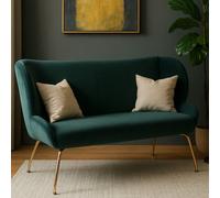 Orsina Green 2 Seat Sofa With Gold Metal Legs, Curved Backrest Upholstered Fabric Couch, Modern Two Seater Sofa