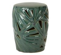 Orsina Green Ceramic Table With Palm Leaf Motif, Glazed Stoneware Stool, Boho Accent Piece For Living Room Orsina Green