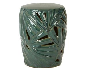 Orsina Green Ceramic Table With Palm Leaf Motif, Glazed Stoneware Stool, Boho Accent Piece For Living Room Orsina Green