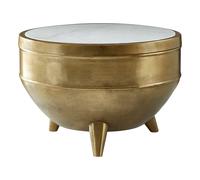 Orsina Green Marble Top Table, Round Copper Finish Iron Drum Table, Natural Green Marble Surface, Accent Table in White Orsina White