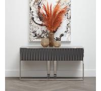 Orsina Grey Hi Gloss Finish Console Table, Sleek Glossy Grey Top With Polished Stainless Steel Frame