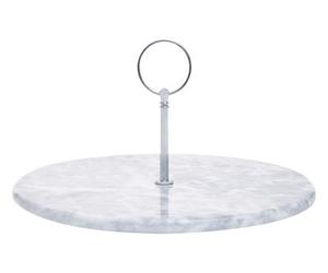 Orsina Grey Marble Dessert Stand, Round Cake Display With Silver Handle, Luxe Cake Plate, Baking Presentation Tray
