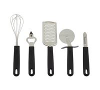 Orsina Kitchen Gadget Set, Stainless Steel Whisk, Peeler, Bottle Opener, Pizza Cutter & Grater, Cooking Utensil Set in Black Orsina Black