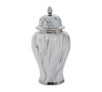 Orsina Large Marble Effect Ceramic Jar, Urn Shaped Decorative Jar With Lid And Silver Trim, White Marble Vase