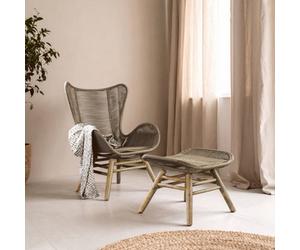 Orsina Latte Rope Lounge Chair And Footstool, High-Back Space-Saver Couch Chair, Space Saving Design Footrest