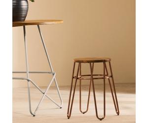 Orsina Lightweight Rose Gold Metal And Elm Wood Round Stool, Small Hairpin Stool, Sturdy Stool For Lounge, Bedroom