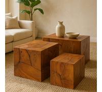 Orsina Luxe Set Of 3 Teak Root Stools,rustic Wooden Bar Stools With Brown Finish,prominent Grained Kitchen Stools