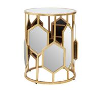 Orsina Luxe Side Table With Hexagonal Mirror, Modern Design Gold Finish Bedside Table, Round Table With Glass Top