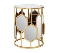 Orsina Luxe Side Table With Hexagonal Mirror, Modern Design Gold Finish Bedside Table, Round Table With Glass Top Orsina Gold