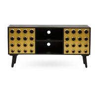 Orsina Mango Wood Media Unit, Mid-Century Modern TV Stand with Gold Accents, Black Frame with Storage Shelves Orsina Gold