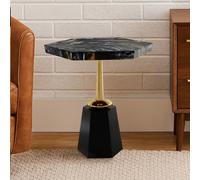 Orsina Metallic Hexagonal Base Side Table, Bedside Table With Bevelled Edges, Accent Table With Golden Aluminum Stand in Black Orsina Black