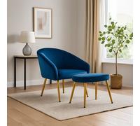 Orsina Midnight Blue Velvet Arm Chair with Footstool, Velvet Upholstered Accent Chair & Footstool, Armchair Set Orsina Blue