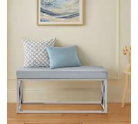 Orsina Mink Tufted Bench with Silver Stainless Steel Frame, Luxe Velvet Upholstered Accent Bench, Mink-Toned Seat in Blue Orsina Blue