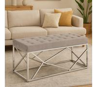 Orsina Mink Velvet Bench With Silver Finish Frame, Button Tufted Seat With Geometric Base, Upholstered Bench