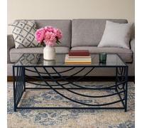Orsina Mirrored Glass Top Coffee Table, Black Iron Frame With Curved Side Detailing, Open Frame Centrepiece