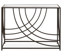 Orsina Mirrored Glass Top Console Table, Sleek Black Industrial Iron Frame With Curved Side Detailing