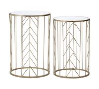 Orsina Mirrored Top Set of 2 Champagne Side Tables, Cylindrical End Table With Strong Iron, Metallic Sofa Side Tables in Gold Orsina Gold