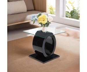 Orsina Modern O Shaped Wooden Side Table, Glass Top Wood Side Table, Black Bedside Table, Tempered Glass Side Table