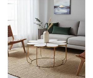 Orsina Modern Petal Coffee Table With Marble Top, Gold Finish Decorative Table, Botanical Design Lounge Table