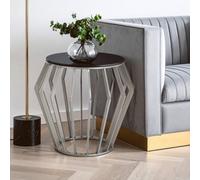 Orsina Modern Silver Round Table With Black Glass, Decent Silver Sidetable For Hallways, Elegant Bedside Table