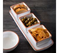 Orsina Natural Terracotta Finish 3-Pc White Dip Bowls With Tray, Ceramic Dip Bowls & Tray Set, Dip Serving Dishes