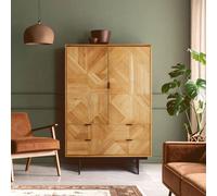 Orsina Natural Wooden Cabinet, Carved Geometric Wood-Effect Front, Rustic Wood Storage Cabinet on Black Metal Legs Orsina Natural