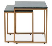 Orsina Nest Of 2 Green Marble Top Tables, Square Green Marble Surface With Gold Finish Iron Frame, Nesting Tables Orsina Green