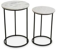 Orsina Nest Of 2 Natural Marble Top Side Tables Set, Round End Tables For Home, Black Powder Painted Bedside Tables
