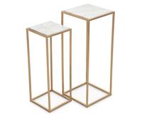 Orsina Nest Of 2 Natural Marble Top Side Tables, Square End Tables For Home, Gold Finish Open Frame Bedside Tables