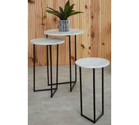 Orsina Nest of 3 Natural Marble Top Side Tables Set, Round End Tables for Home, Black Powder Coated Open Frame in White Orsina White