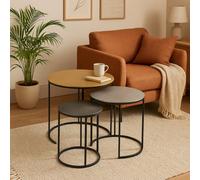 Orsina Nest Of Three Hammered Metal Tables, Gold, Silver And Black Round Table Tops, Modern Nesting Tables