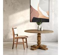 Orsina Oak Wood Natural Round Dining Table, Dining Room Table With Carved Base, Artistic Dining Table For Kitchen
