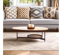 Orsina Oblong Walnut-Effect Coffee Table, Walnut Veneer Oblong Top, Black Metal Base with Lower Display Shelf in Natural Orsina Natural