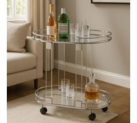 Orsina Oval Mirrored Drinks Trolley With Chrome Metallic Frame, Two-Tier Mirrored Glass Cocktail Cart On Castors in Silver Orsina Silver