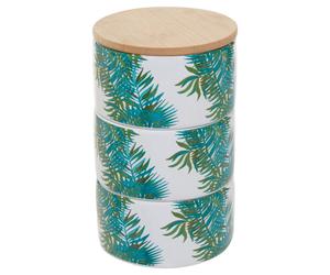 Orsina Palm Set of Three Stackable Canisters, Stoneware Containers With Palm Leaf Pattern, Canisters With Bamboo Lids Orsina Multicolor