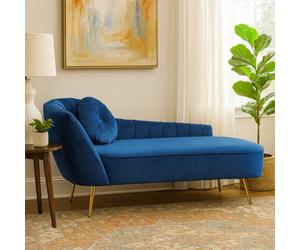 Orsina Plush Midnight Left Arm Velvet Chaise, Modern Lounge Chaise For Bedroom, Elegant Chaise Sofa With Cushion