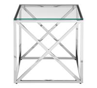 Orsina Polished Steel & Glass End Table, Square Transparent Glass Top Side Table, Cross Base Modern Accent Table in Silver Orsina Silver