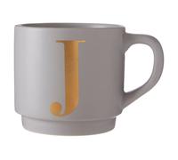 Orsina Porcelain Grey J Letter Mug With Etched Gold Detail, Grey Reusable Mug With Curved Handle, Everyday Coffee Cup Orsina Grey