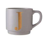 Orsina Porcelain Grey J Letter Mug With Etched Gold Detail,grey Reusable Mug With Curved Handle,everyday Coffee Cup