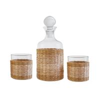 Orsina Rattan Wrapped Glass Decanter & Glasses Set, 1000ml Decanter With Round Knob Stopper, Whiskey Decanter Set in Clear Orsina Clear