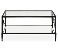 Orsina Rectangular Coffee Table, Black Finish Metal Frame With X Side Cross, Dual Tier Tempered Glass Shelves