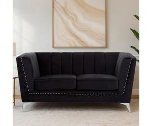 Orsina Refined Two Seat Black Velvet Sofa, Velvet Upholstered Mid Century Sofa, Contemporary Sofa For Livingroom