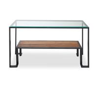 Orsina Roman Console Table, Rectangular Tempered Glass Top on Black Metal Frame, Teak-Wood Lower Shelf Console Orsina Black
