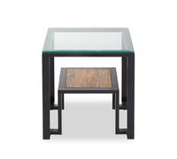 Orsina Roman Side Table, Square Clear Glass Top with Black Metal Frame, Teak Wood Shelf for Storage & Display Orsina Black