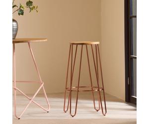 Orsina Rose Gold Metal And Elm Wood Round Bar Stool, Hairpin Stool, Sturdy Stool For Bar, Kitchen Counter