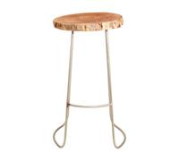 Orsina Round Acacia Wood Bar Stool, Durable Tall Wood Stool With Curved Footrest, Nickel Finish Kitchen Bar Stool