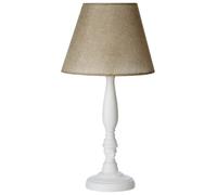 Orsina Round Base Table Lamp with EU Plug, White Wooden Candlestick Lamp Base, Fabric Shade with In-Line Switch in Beige Orsina Beige